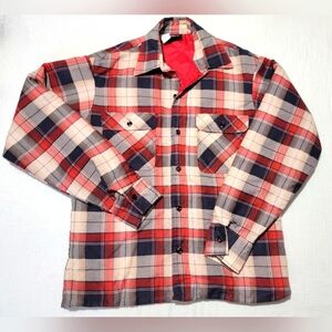 Vintage JCPenney Plaid Quilt Red Blue White Flannel Button Up Shirt Sz M Shacket